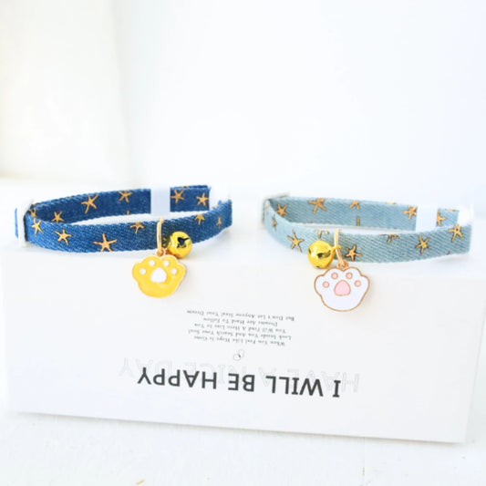 Pet collar with bells and safety buckles, cute denim punk style accessories, suitable for cats and dogs
